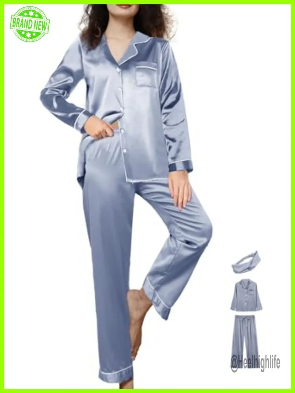 3pc Satin Pajama Set Long Sleeve Button Down Sleepwear Loungewear Womens